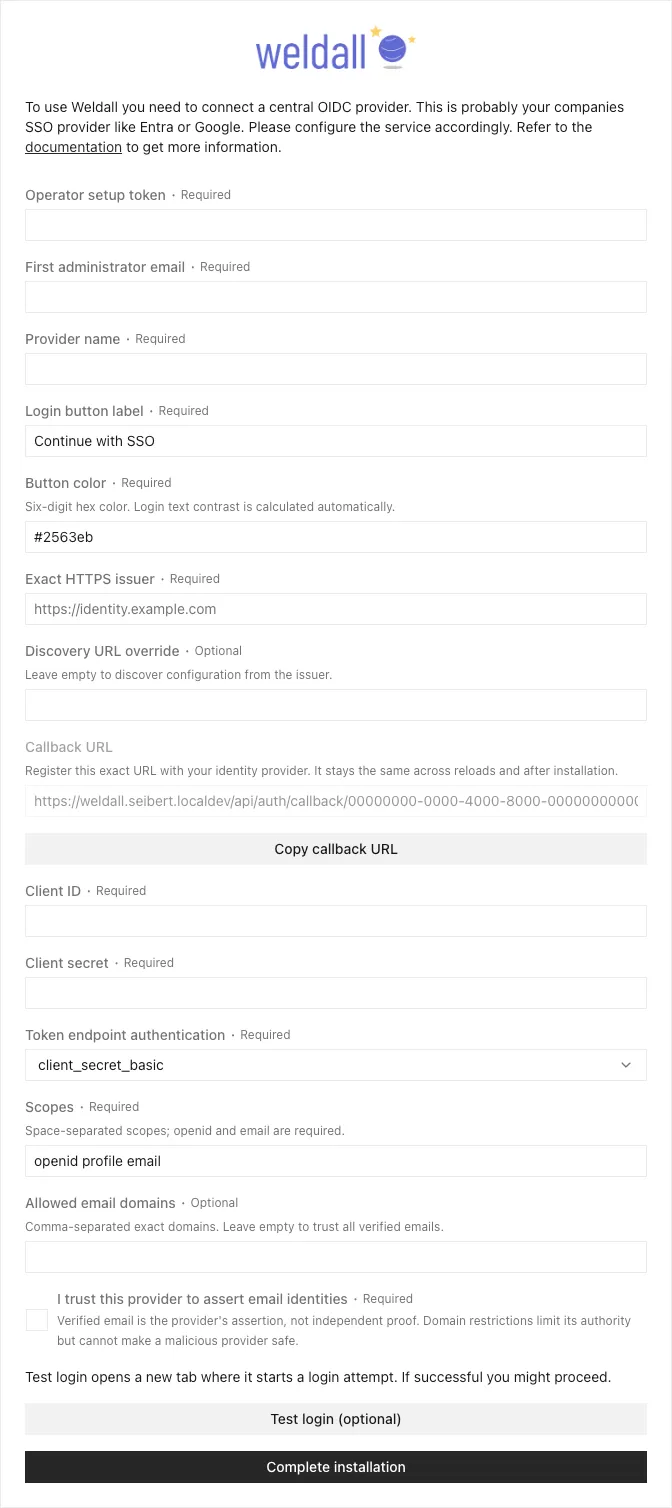 Installer form with fields for the operator setup token, first administrator email, provider details, callback URL, client credentials, scopes, allowed email domains, and the trust acknowledgement
